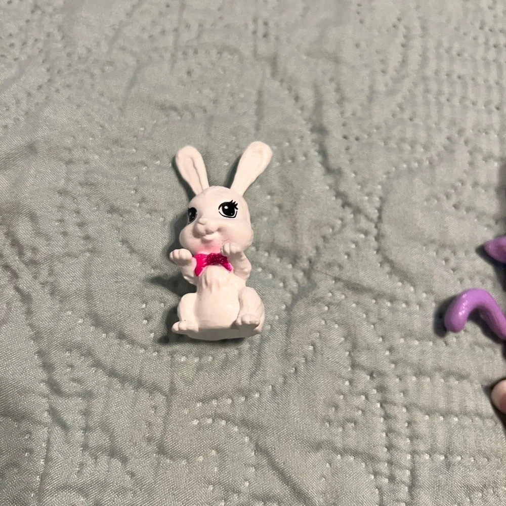 3 little figurines Polly pocket purple cat, Barbie bunny, monster high hedgehog